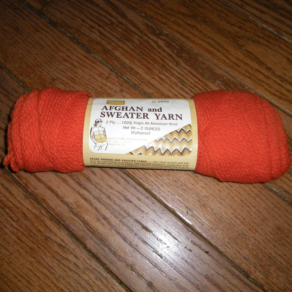1 Skein Vintage Sears Afghan & Sweater Yarn 100% Wool - Color Orange - 2 oz.